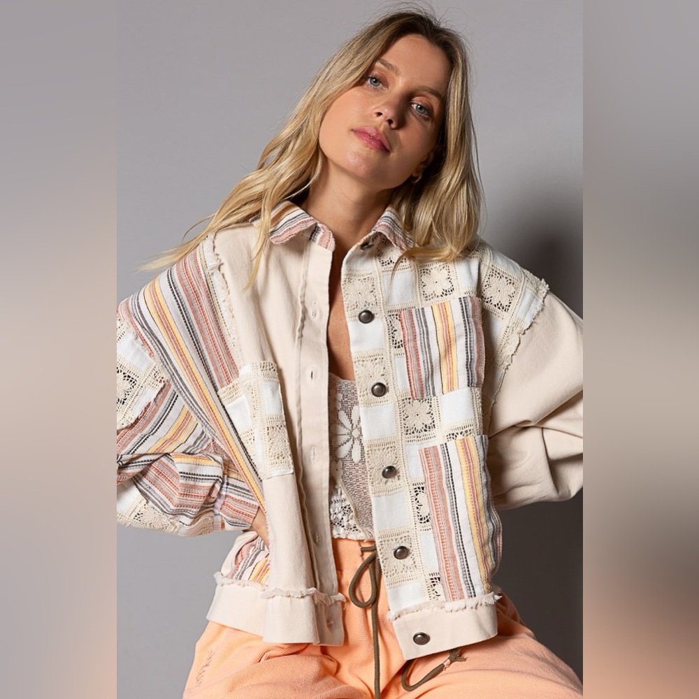 691. Colorblock Stripe Button Down Jacket In Crea… - image 3